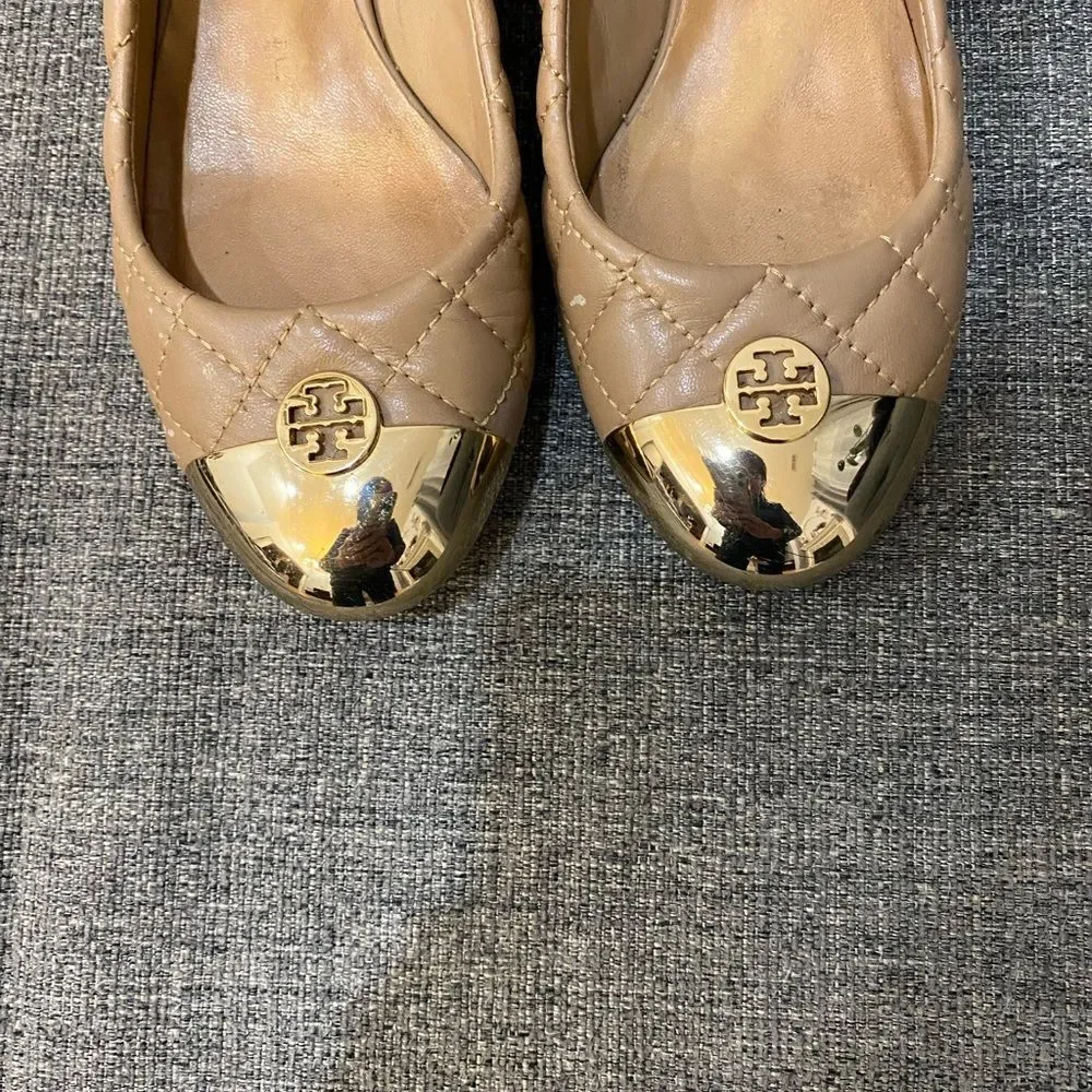 Tory Burch Kaitlin Quilted Leather Gold Cap-Toe Pumps Heels Women’s Size 5.5